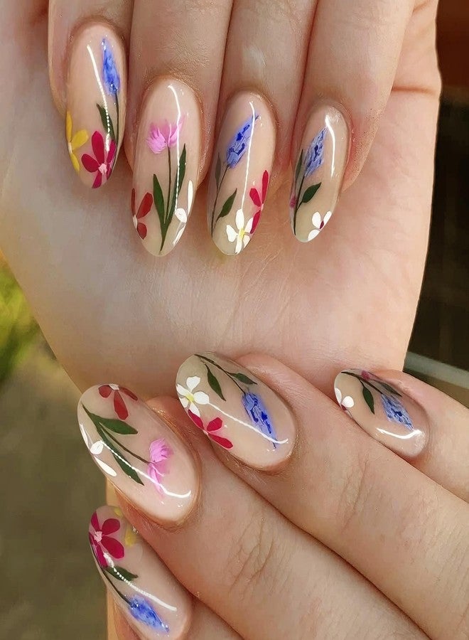 SEMATA Nude Press on Nails Almond Medium Full Cover Spring Summer Acrylic False Fake Nails Press ons Flower with Shiny Colorful Floral Design Fake Nail 24Pcs Reusable Stick on Nail for Women - Image 3